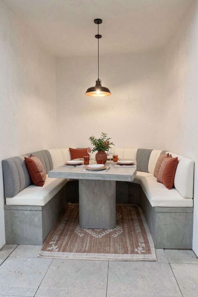 Outdoor Dining Niche With Built-In Banquette and Indoor Echo