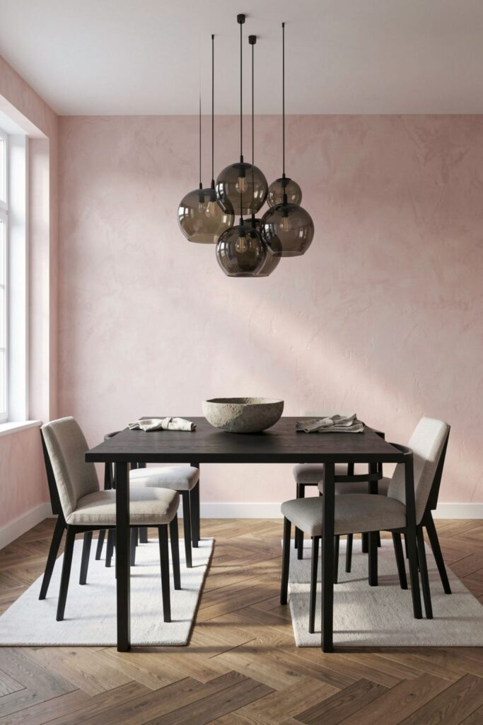 Pale Pink Limewash Walls with Smoked Glass Pendant Cluster
