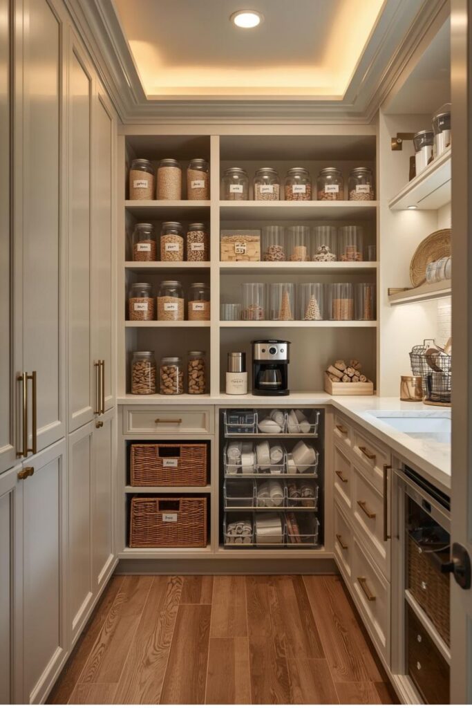 Pantry With Tall Cabinets and a Rolling Ladder for Character