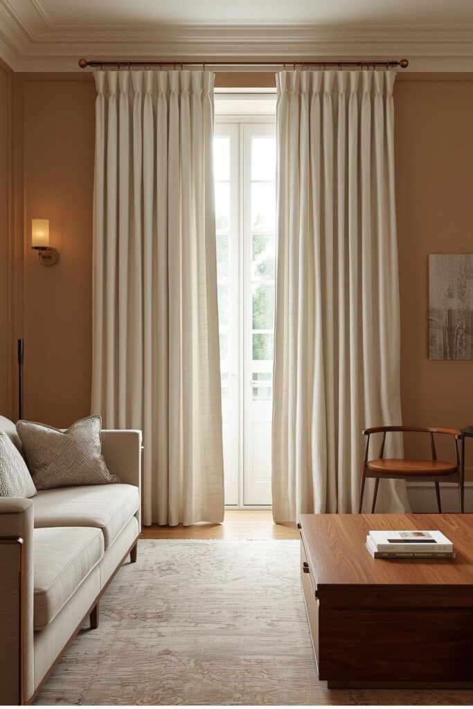 Pinch-Pleat Drapes With Brass Rods for Classic Warmth