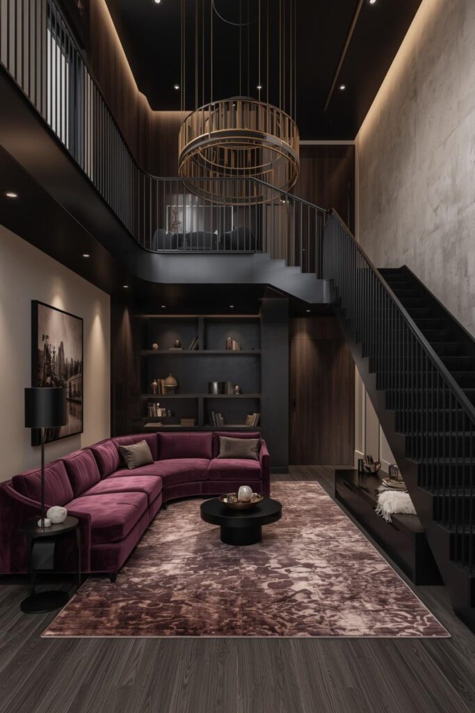 Plum and Pearl Double Height Living Room With Conversation Pit