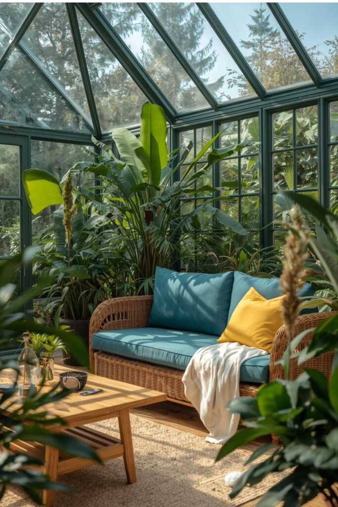 Relaxing Indoor Garden Lounge with Wicker Chaise and Teal Cushions