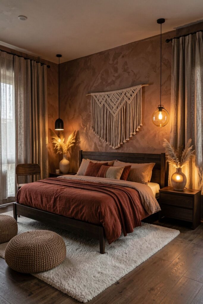 Retro Boho Bedroom With Macramé, Rust, and Dark Wood