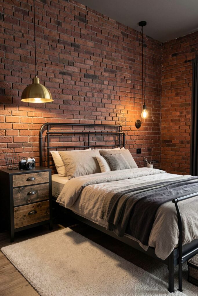 Retro Industrial Bedroom With Brick Texture and Brass Notes