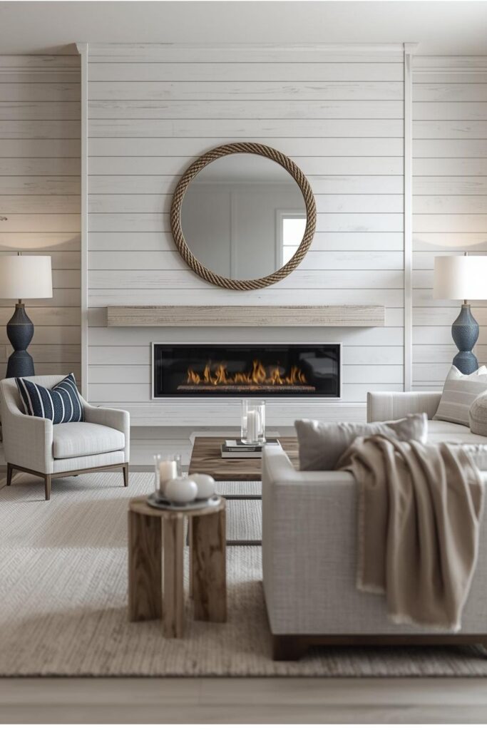Rope Frame Mirror With Airy Coastal Layers and Clean Fireplace Insert