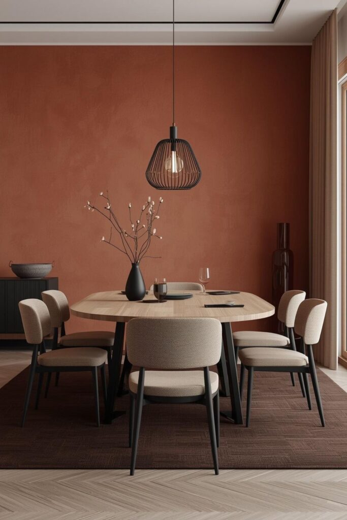 Rust-Toned Dining Room With Oval Table and Black Lantern Pendant