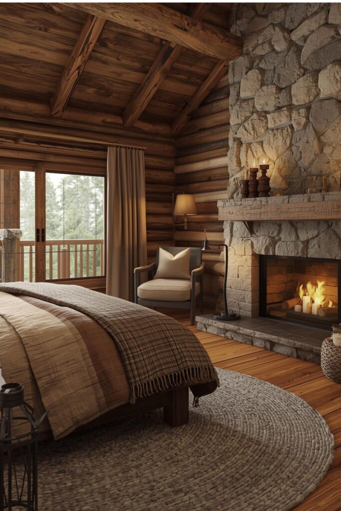 Rustic Cabin Bedroom with Fireplace Seating Nook and Layered Throws