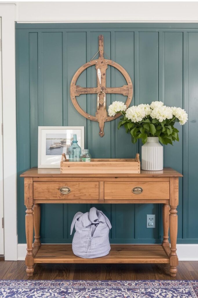 Rustic Console Table Entryway Styling with Teal Wainscoting Backdrop