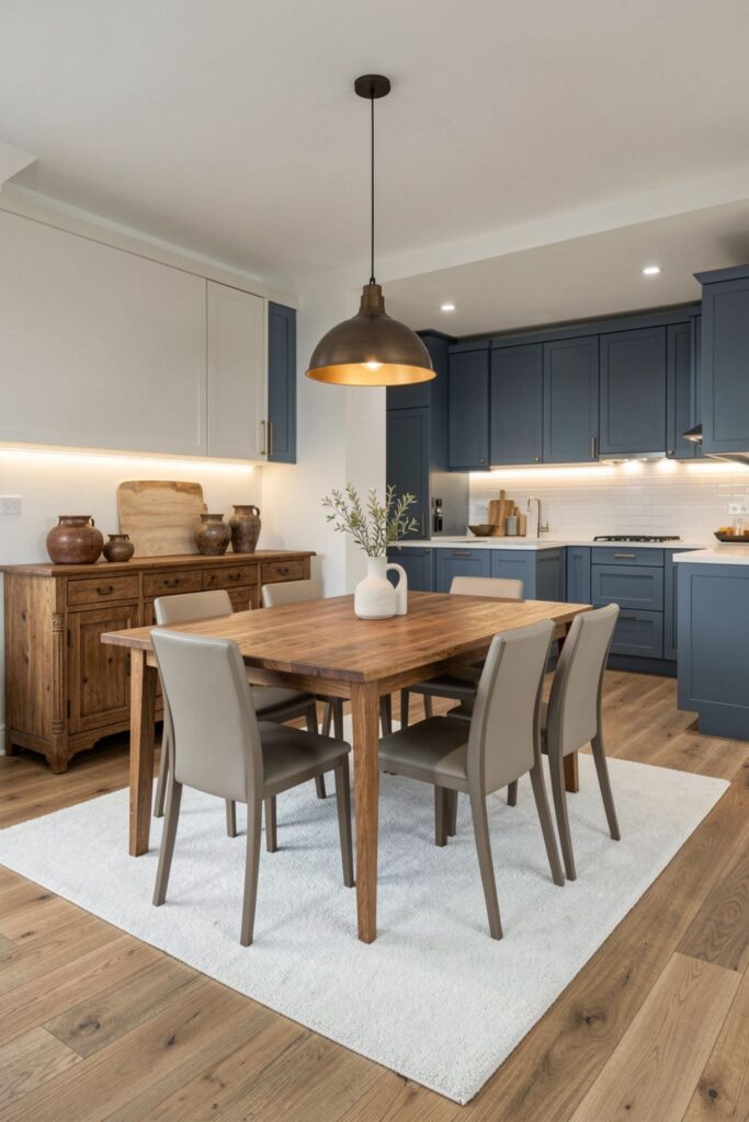Rustic Dining with Blue-Gray Kitchen and Antique Wood Sideboard