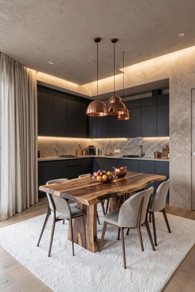 Rustic Dining with Charcoal Kitchen, Copper Accents, and Textured Walls