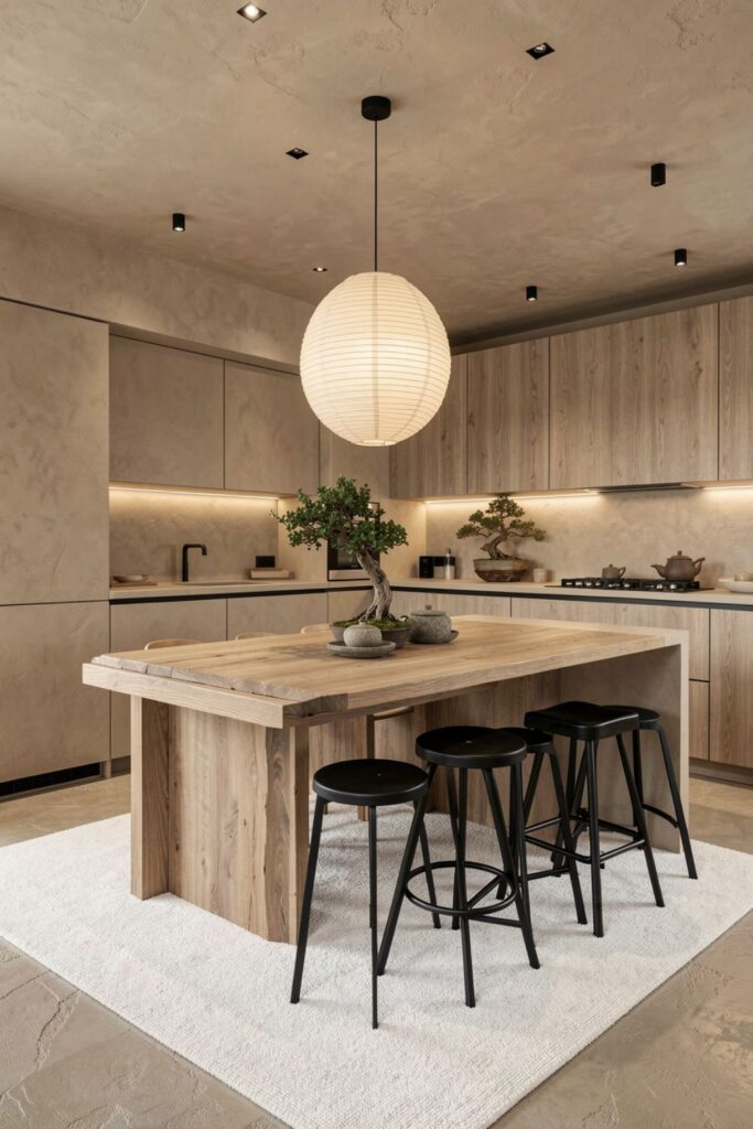 Rustic Japandi Loft Dining with Open Kitchen and Paper Lantern