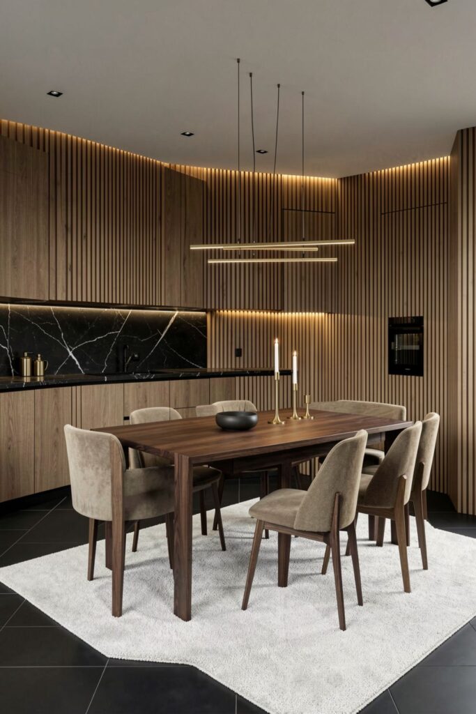 Rustic Loft Dining with Black Marble Kitchen and Oak Slat Wall