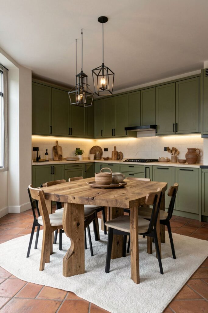 Rustic Loft Dining with Green Kitchen Cabinets and Butcher Block