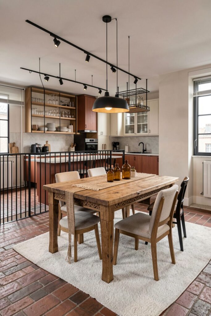Rustic Loft Dining with Terracotta Paint and Open Kitchen Bar Rail