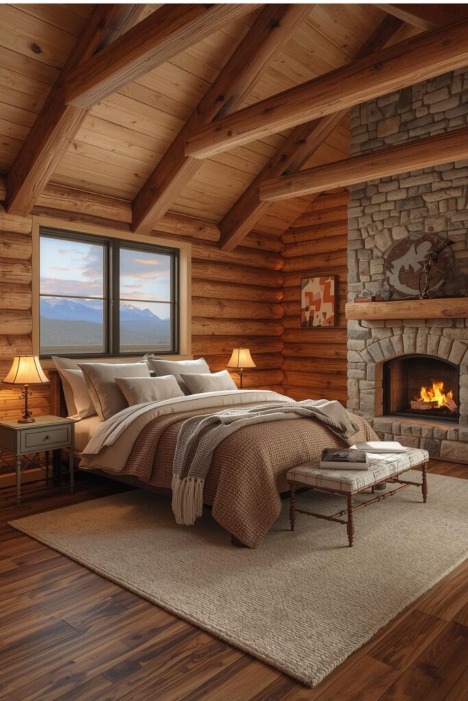 Rustic Log Cabin Bedroom with Stone Fireplace and Neutral Layers