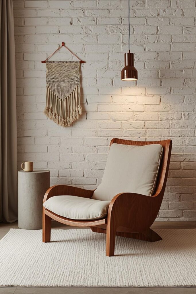 Rustic-Modern Nook With Teak Chair And Copper Reading Light