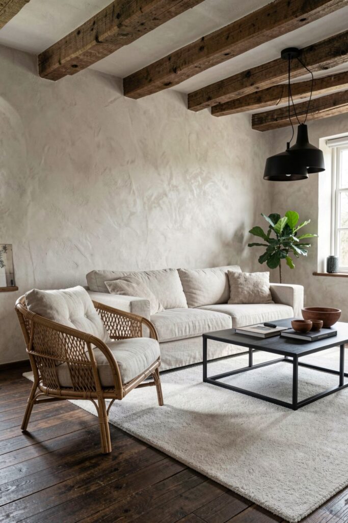 Rustic Rattan Accent Chair With Black Steel Coffee Table