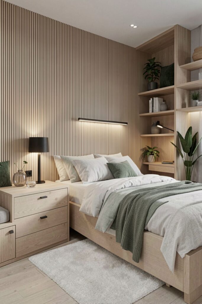 Scandinavian Built-In Bed With Slim Desk and Ribbed Panel Wall