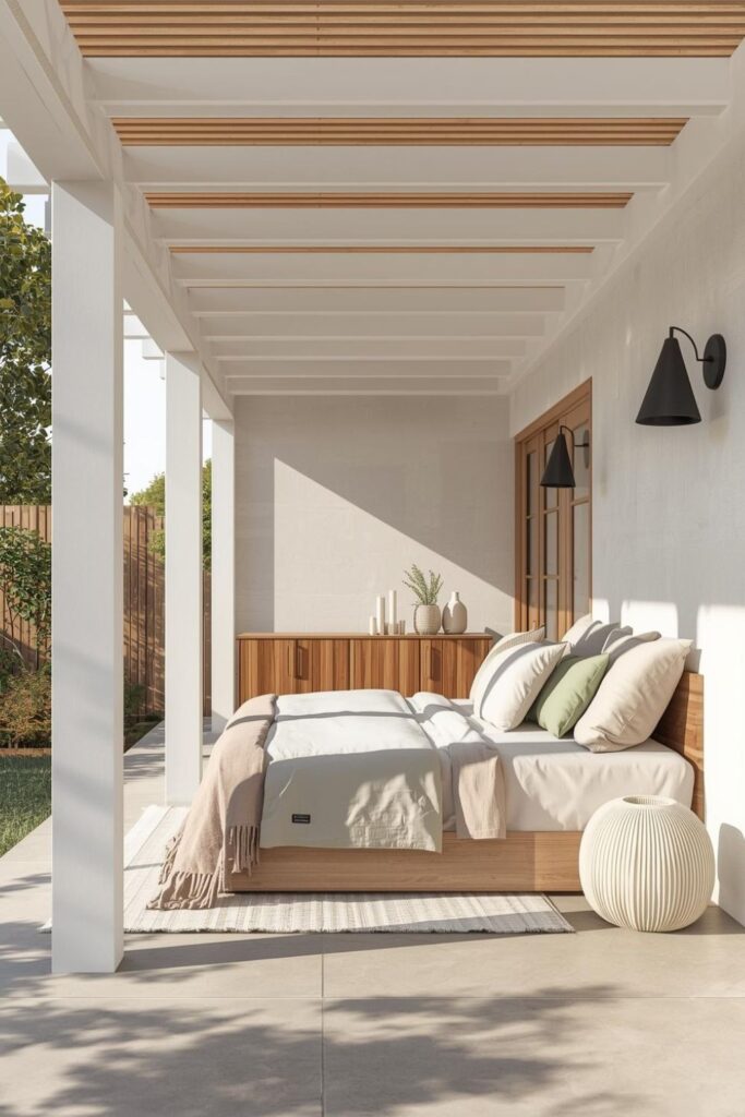  Scandinavian Pergola Bedroom With Blonde Wood Ceiling And Soft Pastels