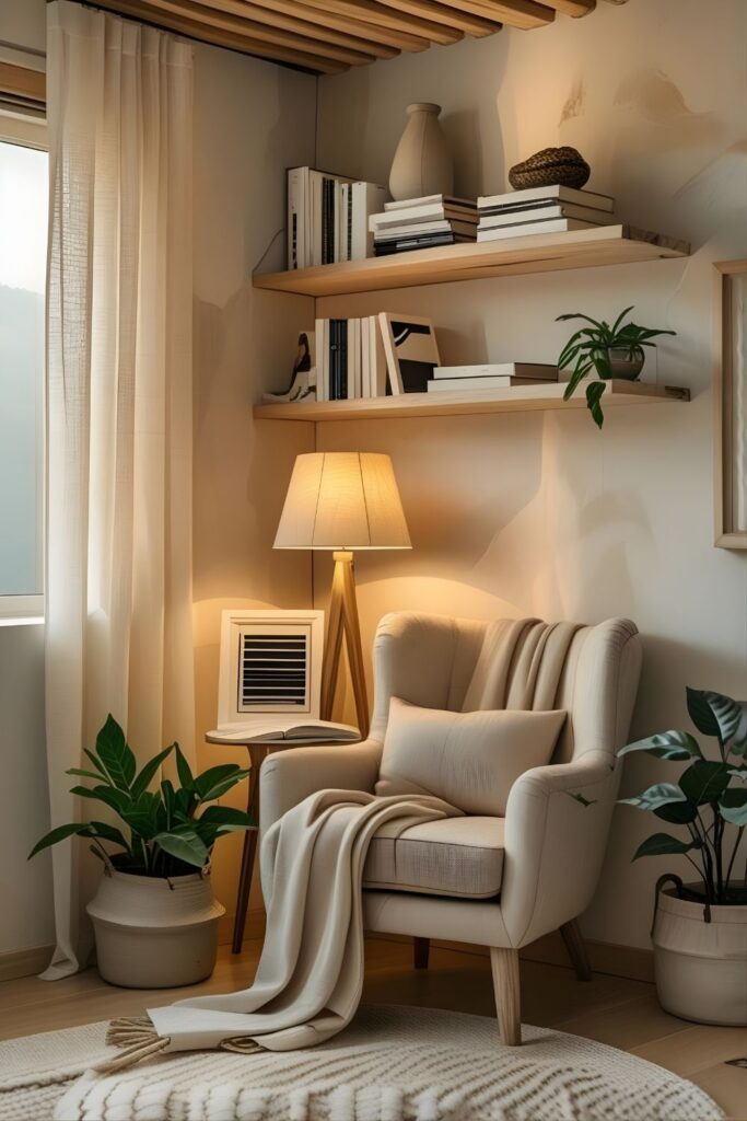 Scandinavian Reading Nook Styling with Light Wood Shelves