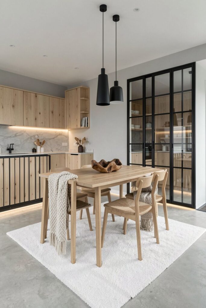 Scandinavian Rustic Loft with Pale Wood Kitchen and Black Iron Details
