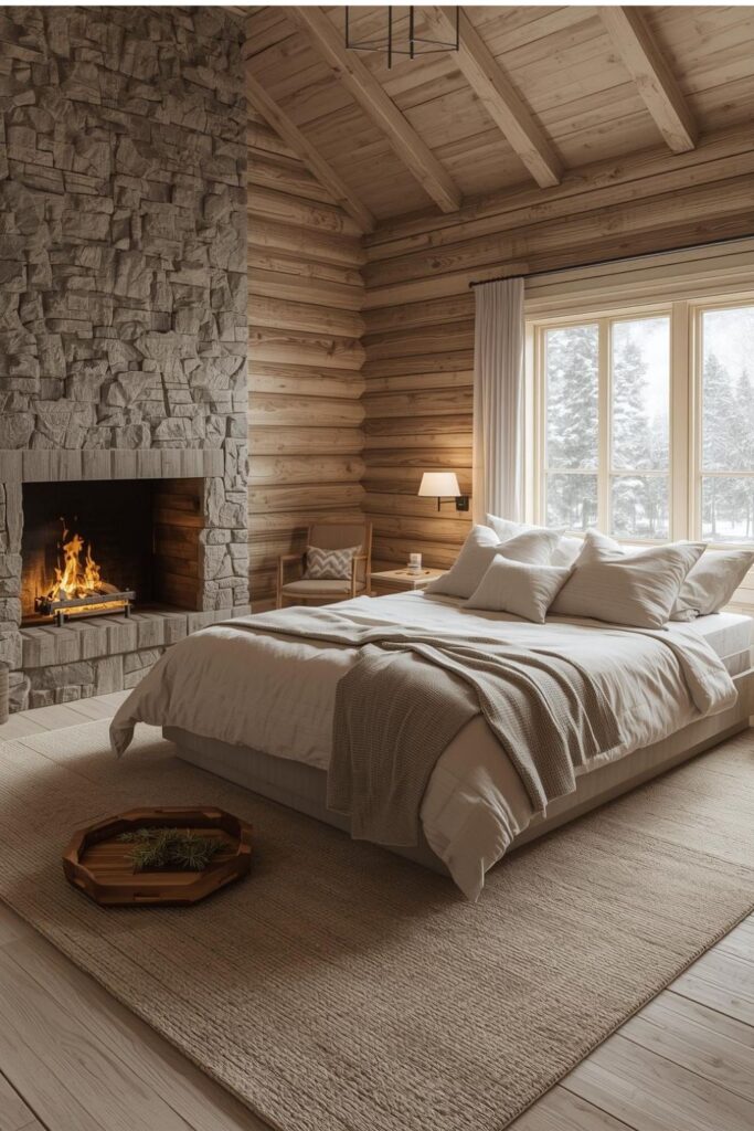 Scandinavian-Rustic Log Cabin Bedroom with Minimal Fireplace Styling