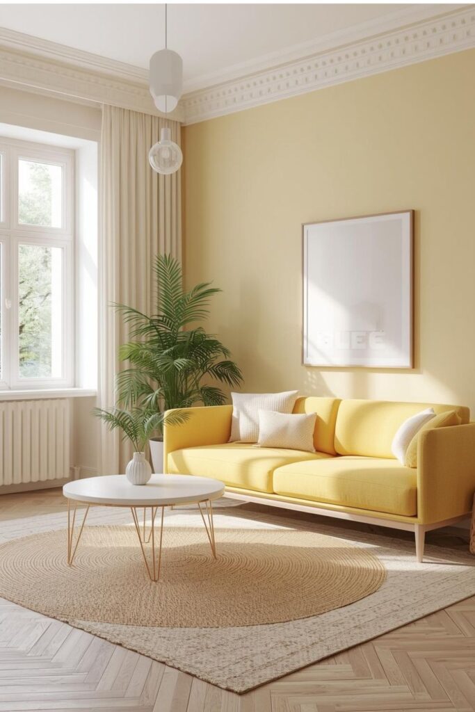 Scandinavian-Style Yellow Living Room with Light Wood and White Decor