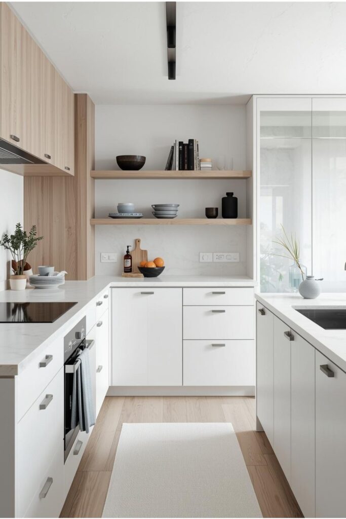 Scandinavian White Kitchen With Pale Marble and Ash Shelves