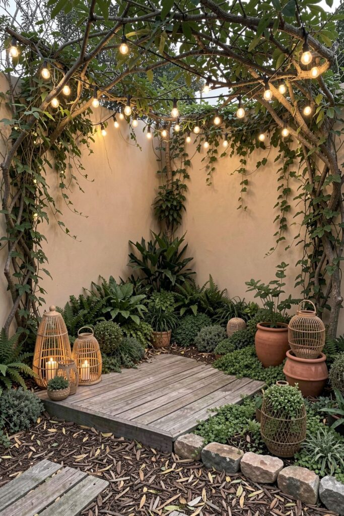 Shaded Boho Garden Nook With Deck Platform and String Lights