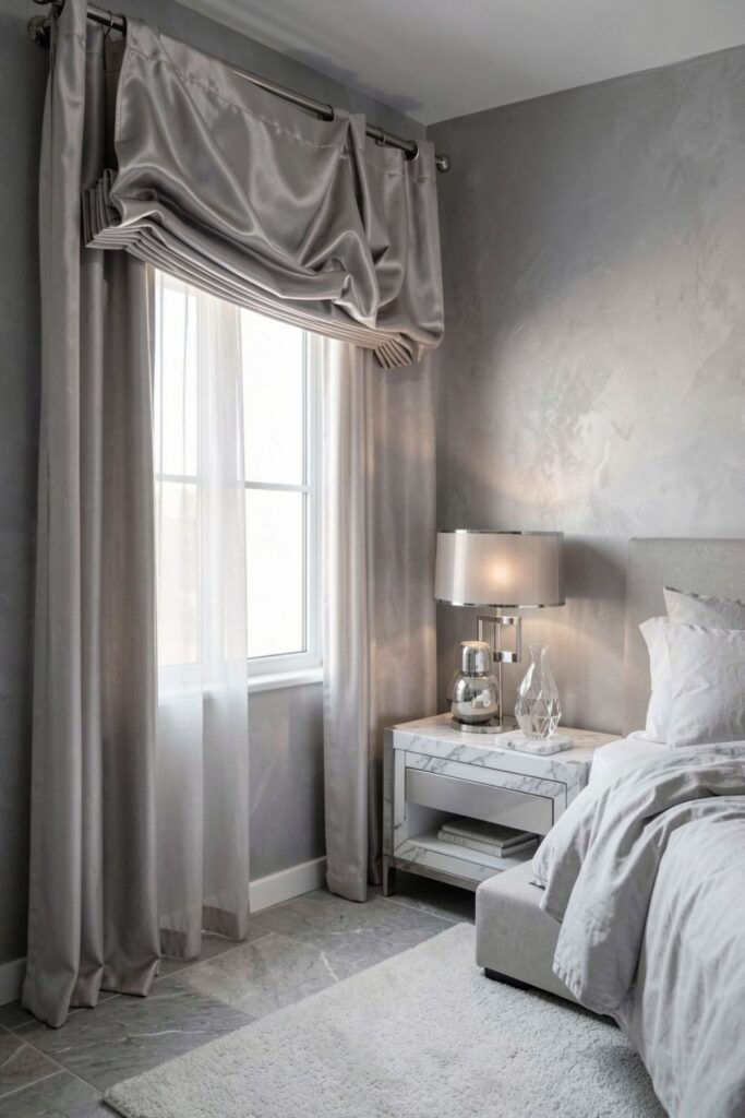 Silver Taupe Silk Balloon Valance with Glam Marble Nightstands
