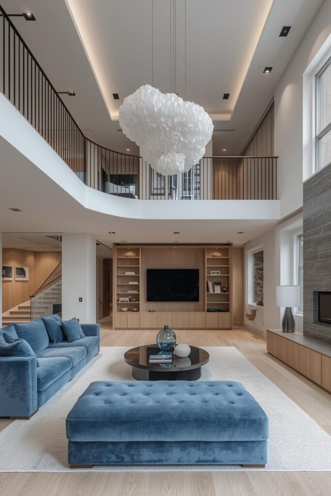 Sky Blue and White Double Height Living Room With Floating Balcony