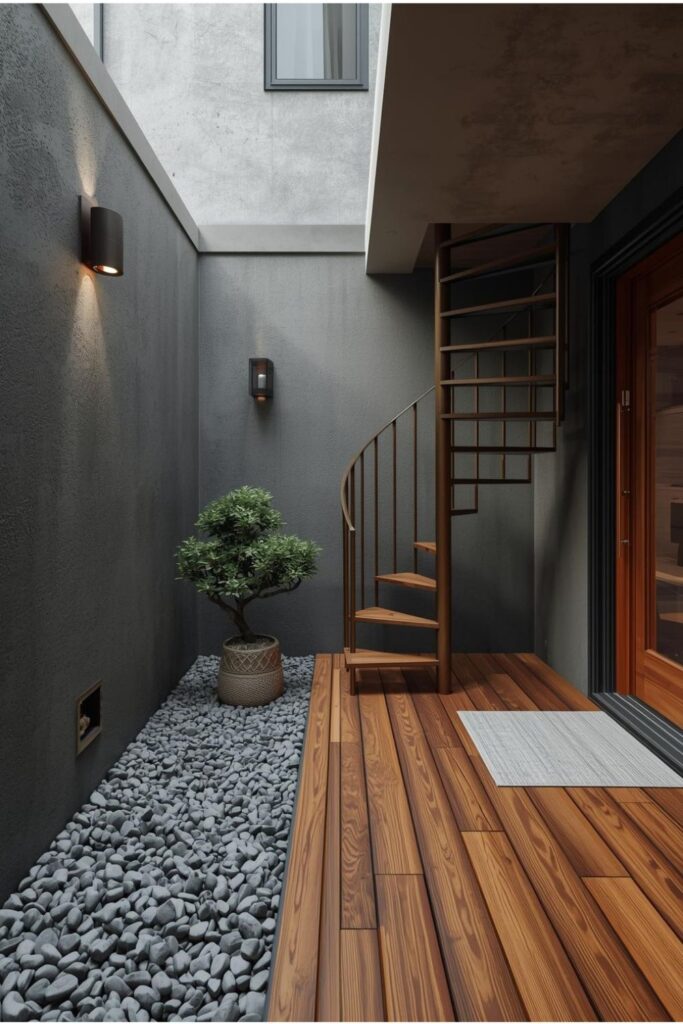 Skylit Indoor Courtyard With Teak Deck and Black Spiral Stair