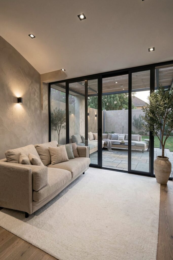 Sliding Glass Wall Living Room Opening to Covered Patio