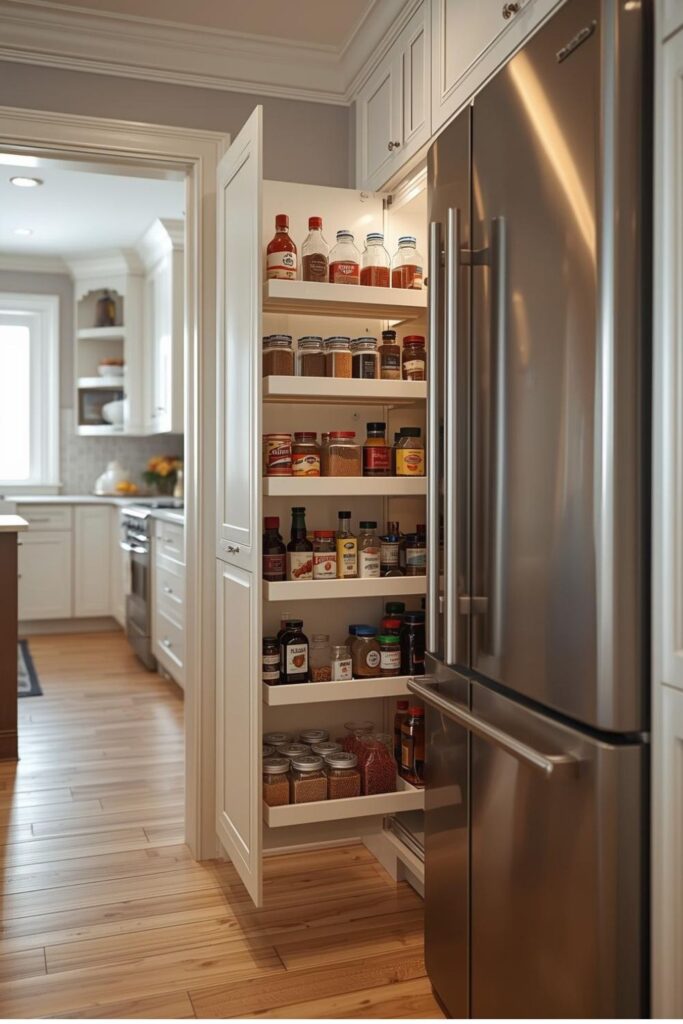  Slim Pull-Out Pantry Cabinet Beside the Fridge for Spices
