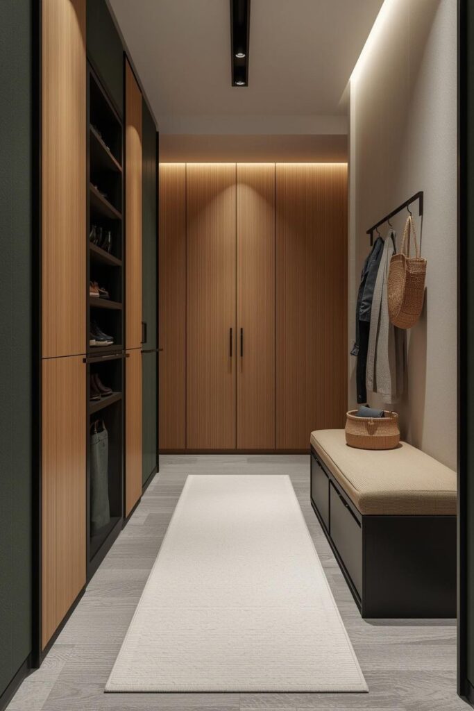 Slim Shoe Corridor with Lift-Top Bench and Tight Vertical Towers