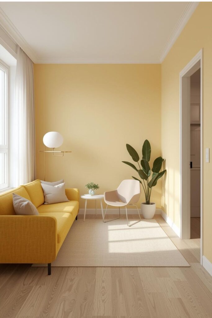 Small Yellow Living Room Idea with Slim Sofa and Reading Corner