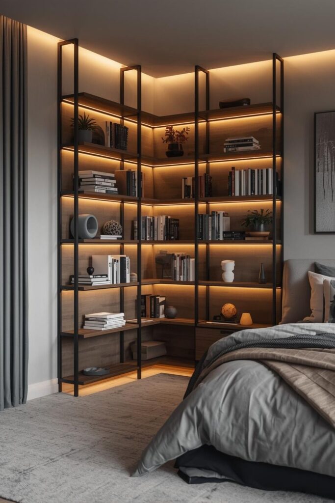 Smoked Ash Corner Shelves With Blackened Steel Uprights