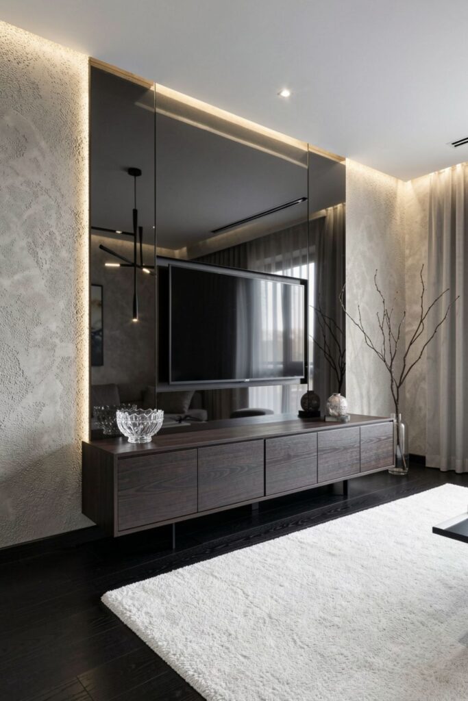 Smoked Mirror TV Wall With Dark Wood Console Balance