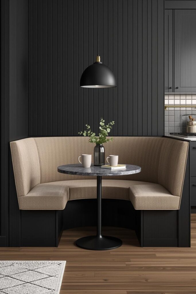 Soft Black Kitchen Nook With Curved Banquette Seating