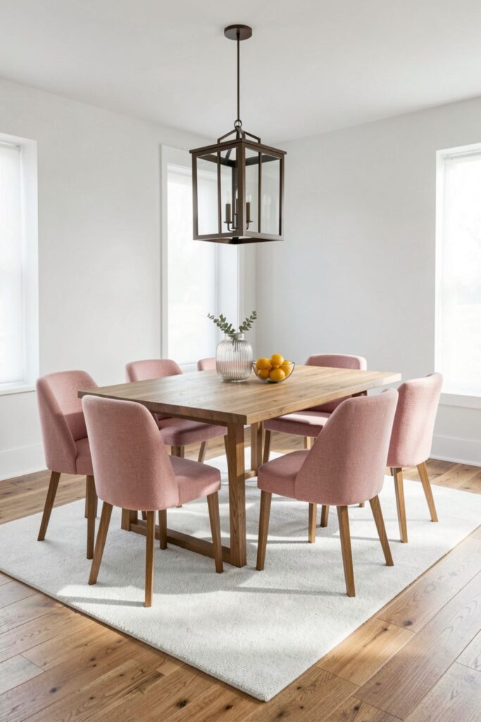 Soft Peony Pink Chairs with Dark Bronze Lantern Pendant
