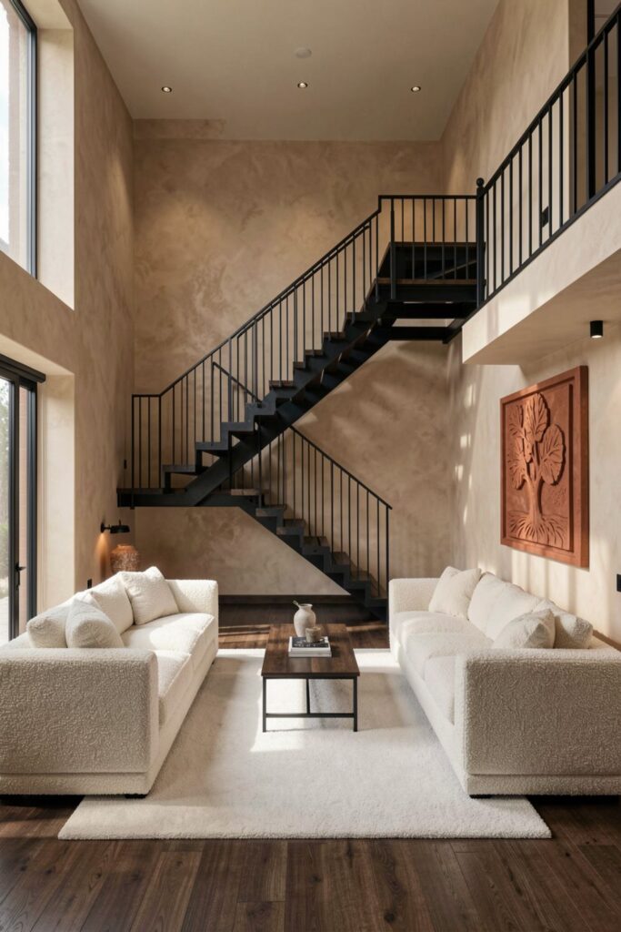 Split-Level Staircase With Terracotta Art and Cream Bouclé Sofas