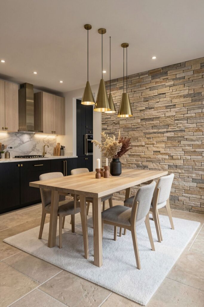 Stone Feature Wall Dining with Open Kitchen Brass Hardware