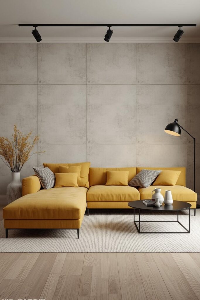 Streamlined Greige Living Room With Low Modular Sectional