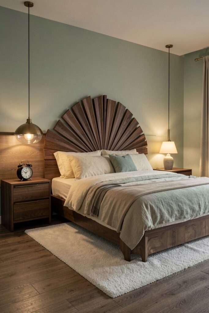Sunburst Headboard Retro Bedroom With Warm Walnut Tones