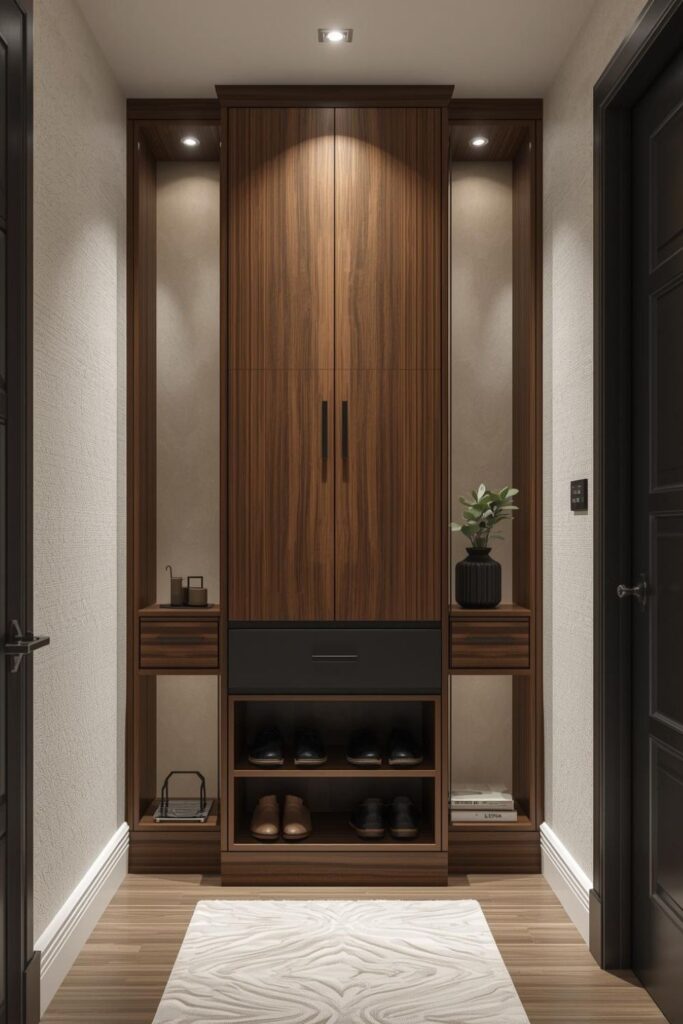 Tall Walnut Shoe Tower With Dual Drawers And Side Shelves