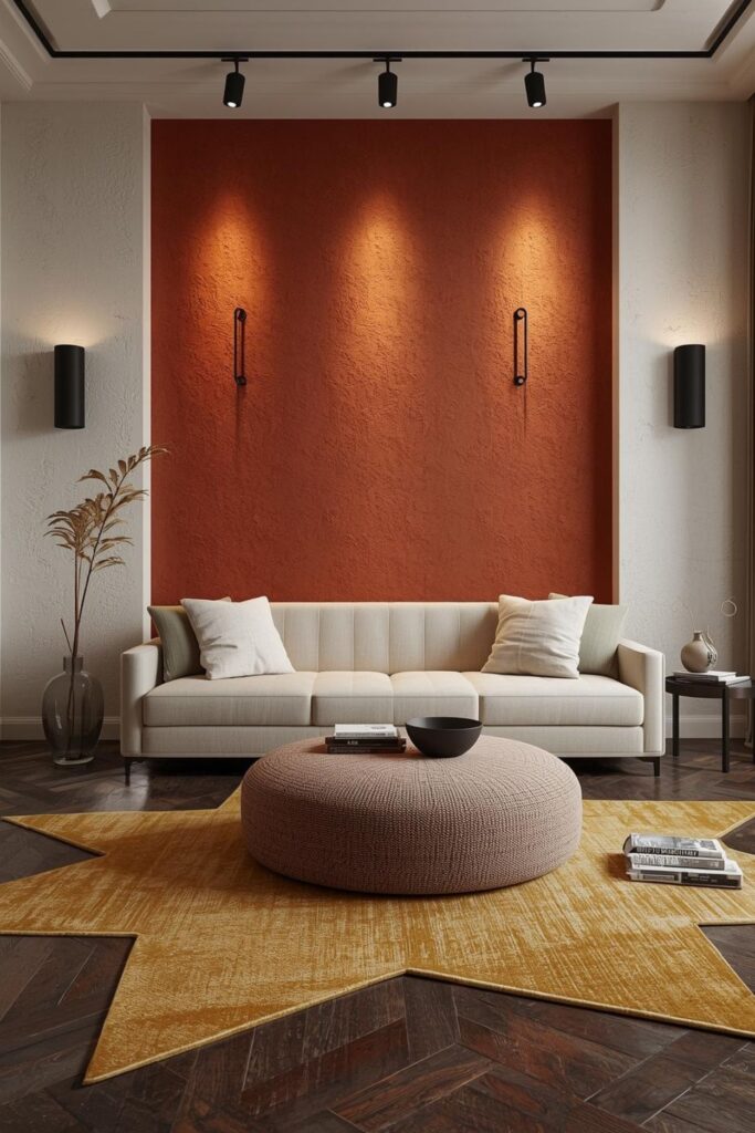 Terracotta Accent Wall Living Room With Chunky Round Ottoman