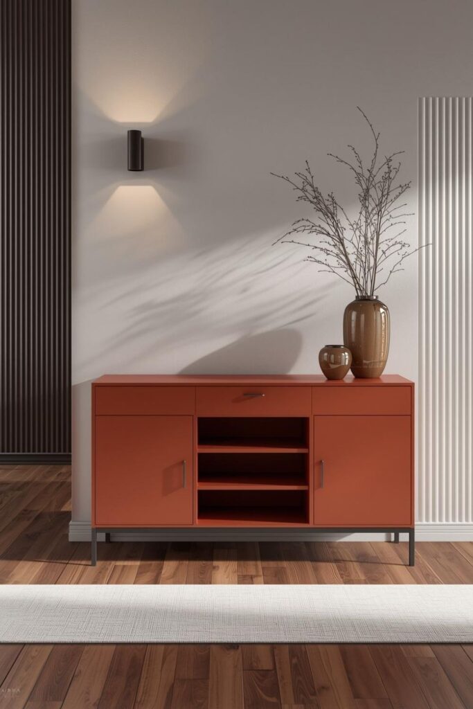 Terracotta Flat-Front Cabinet With Concealed Drawers And Doors