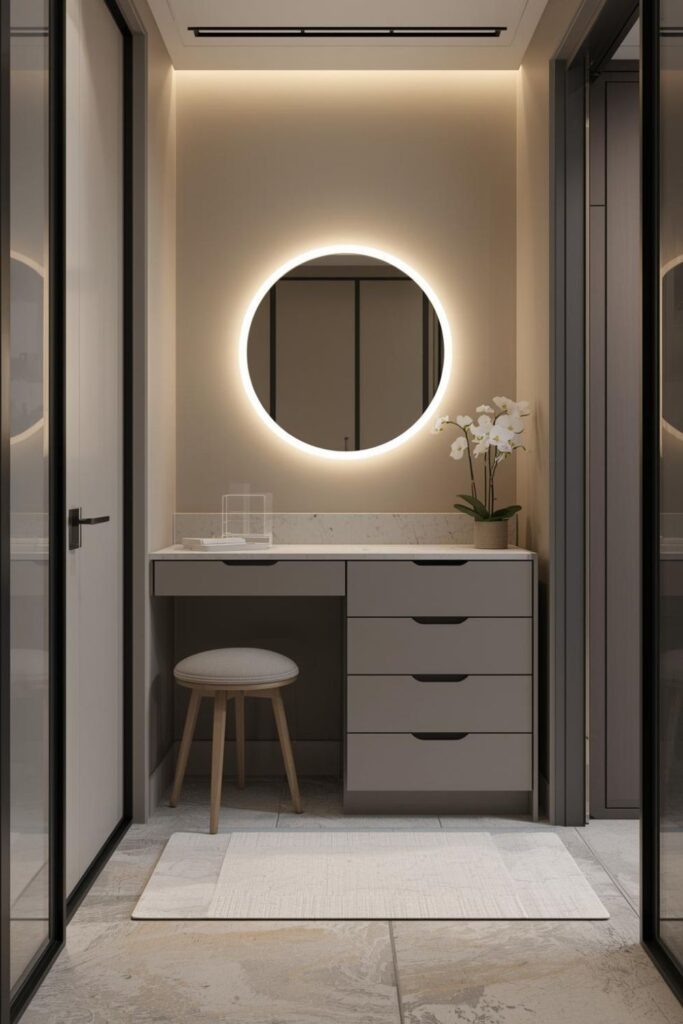 Vanity Corner with Flip-Top Storage and Soft Halo Mirror