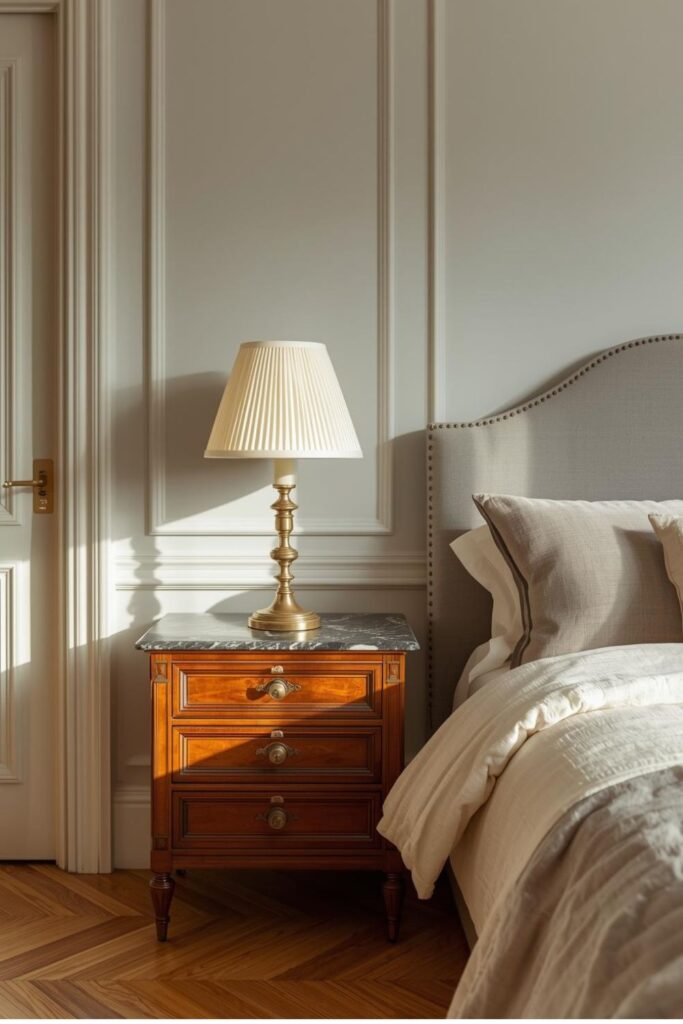 Vintage-Inspired Victorian Nightstands with Marble Tops and Brass Lamps
