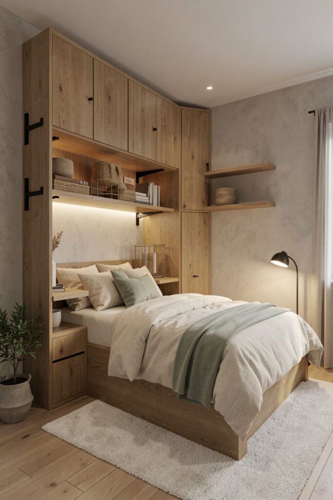 Wall-to-Wall Oak Built-In Bed With Floating Desk Niche